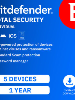 Bitdefender Total Security 2027, INDIVIDUAL (5 Devices, 1 Year) with 200MB VPN - DOWNLOAD VERSION (UK)