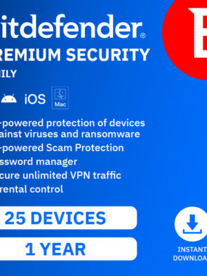 Bitdefender PREMIUM Security 2027, FAMILY (25 Devices, 1 Year) Unlimited VPN - DOWNLOAD VERSION (UK)