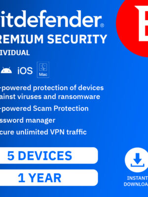 Bitdefender PREMIUM Security 2027, INDIVIDUAL (5 Devices, 1 Year) Unlimited VPN - DOWNLOAD VERSION (UK)