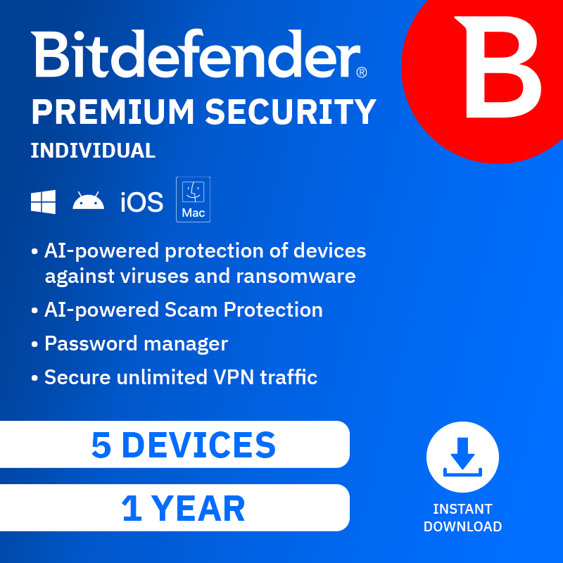 Bitdefender PREMIUM Security 2027, INDIVIDUAL (5 Devices, 1 Year) Unlimited VPN - DOWNLOAD VERSION (UK)