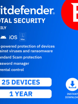 Bitdefender Total Security 2027, FAMILY (25 Devices, 1 Year) with 200MB VPN - DOWNLOAD VERSION (UK)
